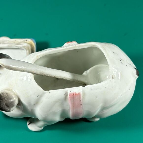 ANTIQUE PORCELAIN FIGURAL SADDLED PIG HOG CONDIMENT MUSTARD POT BANK BOX - Picture 5 of 8